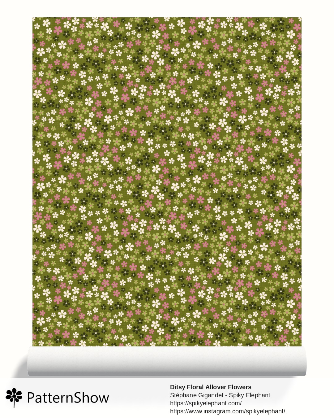 Ditsy Floral Allover Flowers wallpaper - Olive Green Rose Pink