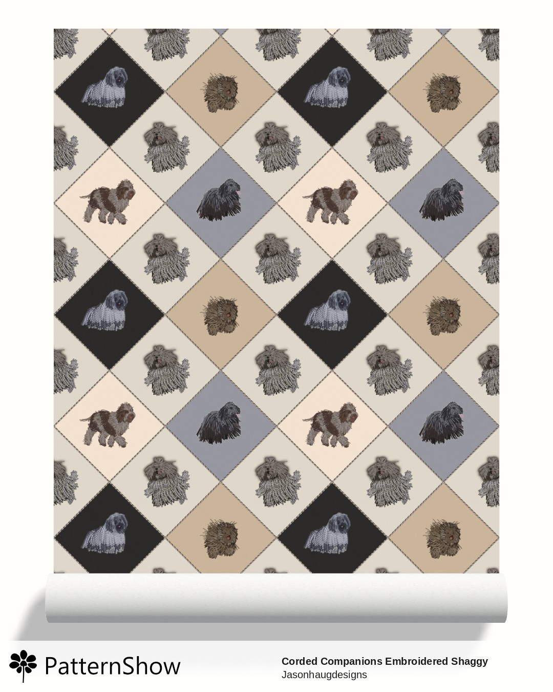 Corded Companions Embroidered Shaggy Dogs & Textured linen diamonds wallpaper - Neutral browns and greys