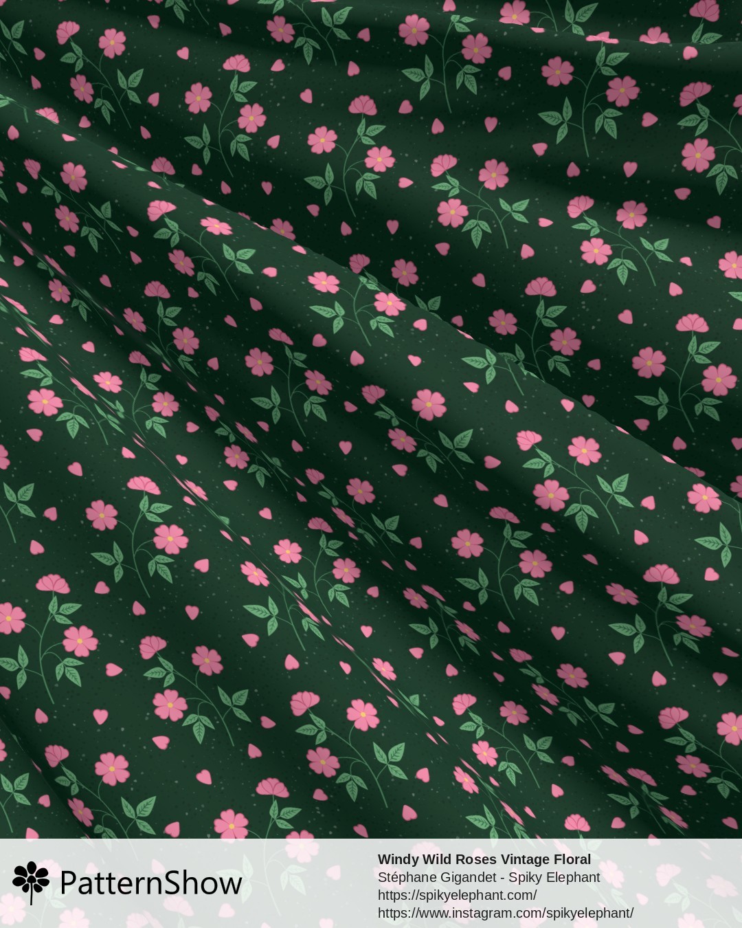 Windy Wild Roses Vintage Floral - Pink Roses on Emerald