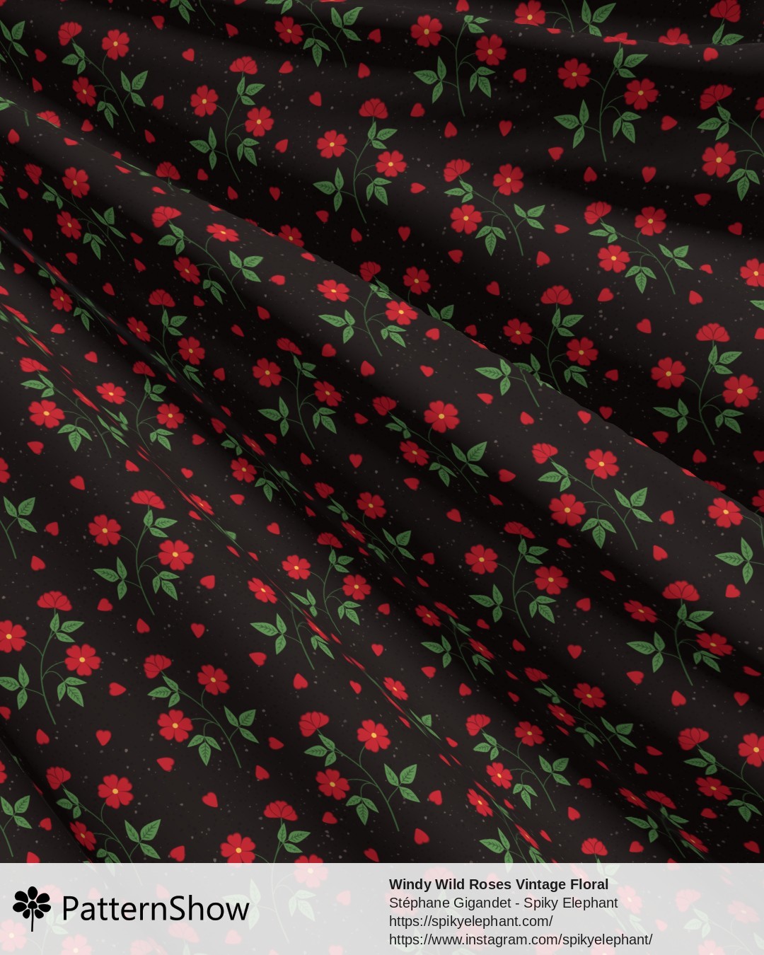 Windy Wild Roses Vintage Floral - Red Roses on Black