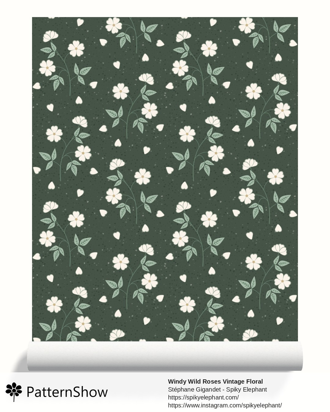 Windy Wild Roses Vintage Floral wallpaper - White Cream on Dark Green