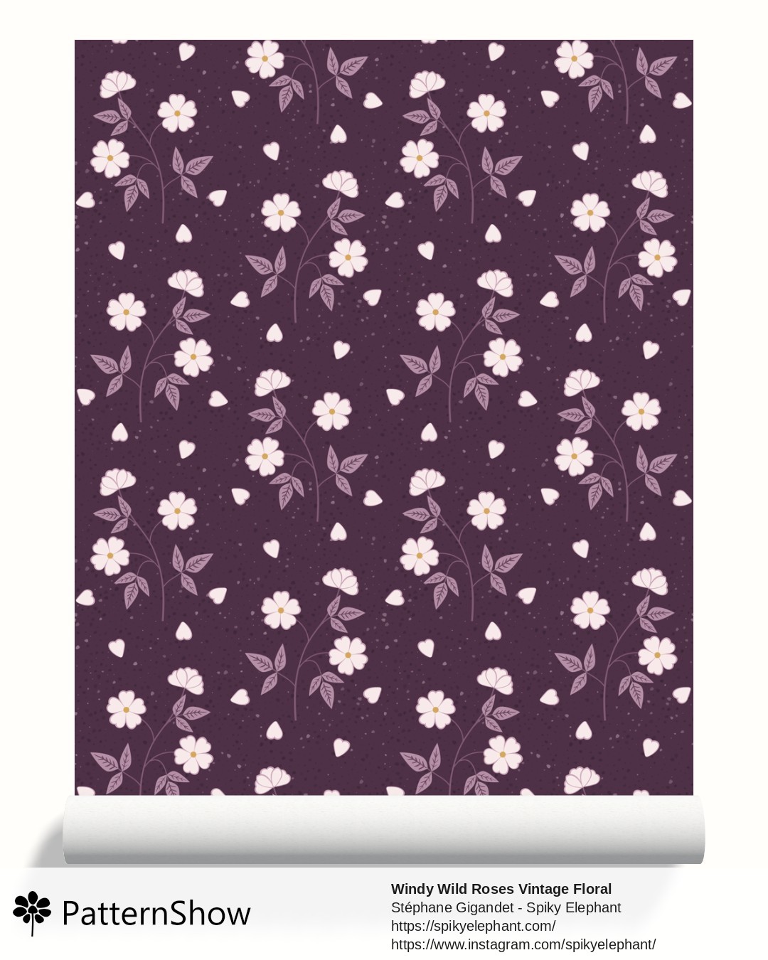 Windy Wild Roses Vintage Floral wallpaper - Aubergine Plum