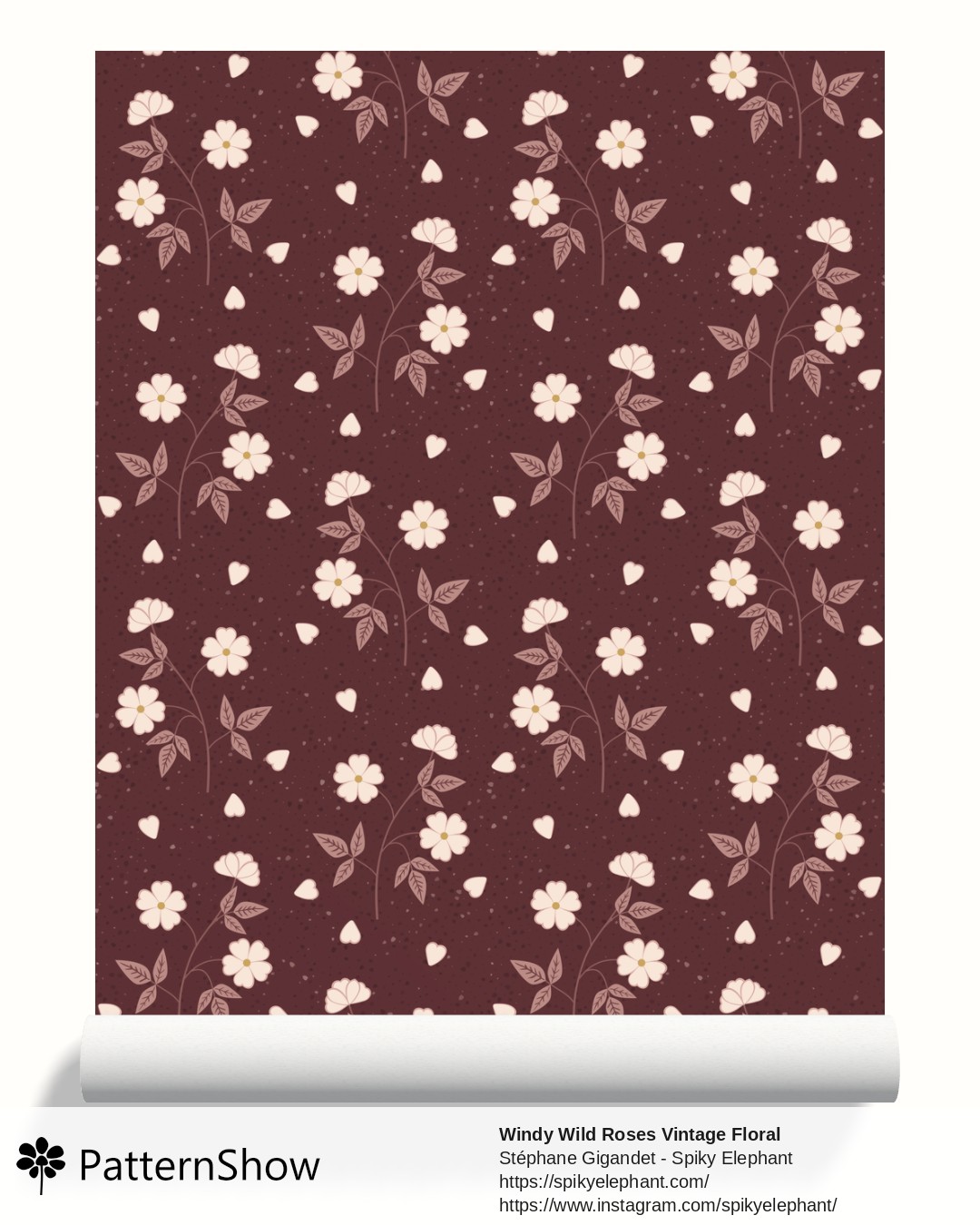 Windy Wild Roses Vintage Floral wallpaper - Burgundy Wine on Blush