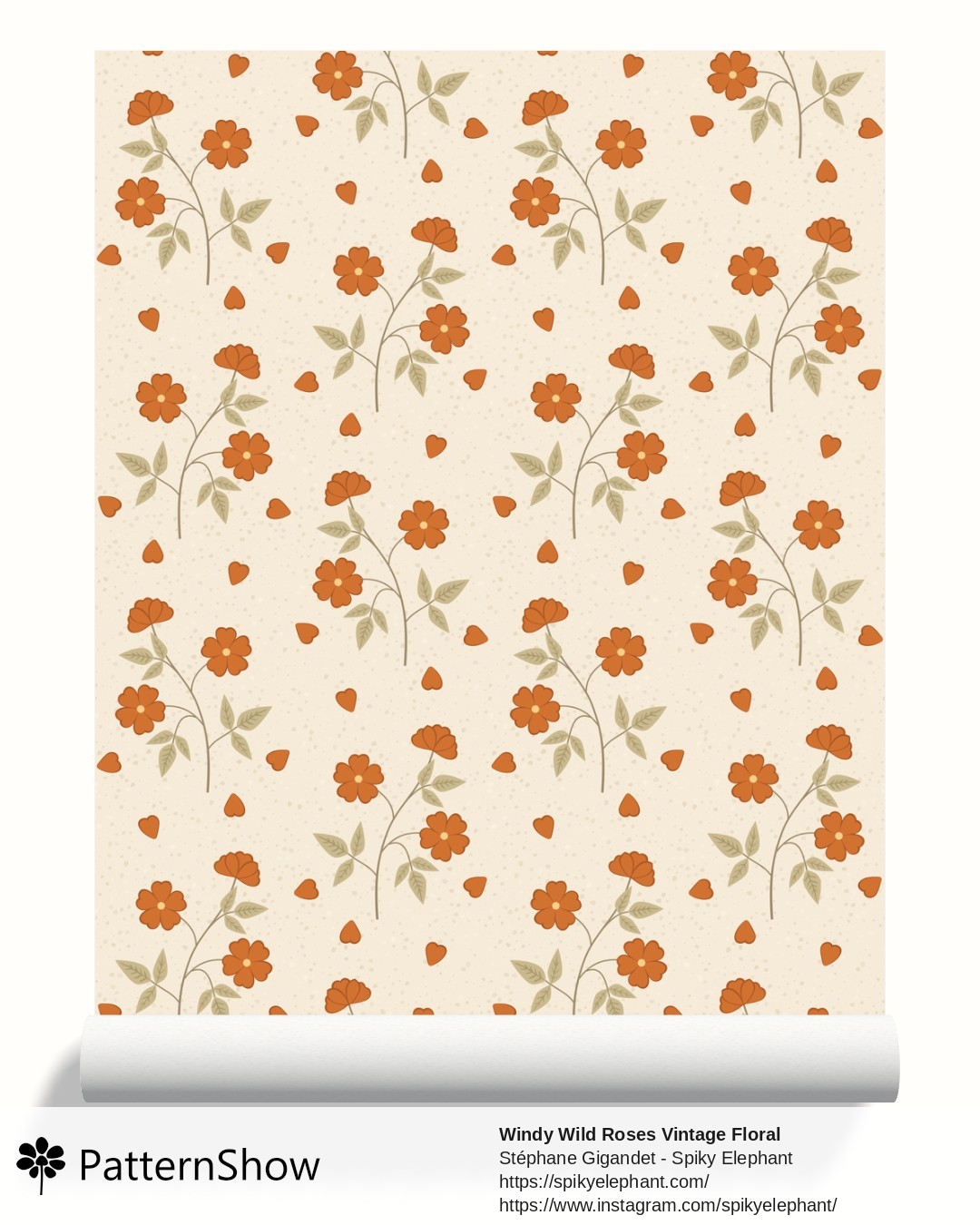 Windy Wild Roses Vintage Floral wallpaper - Burnt Orange on Cream