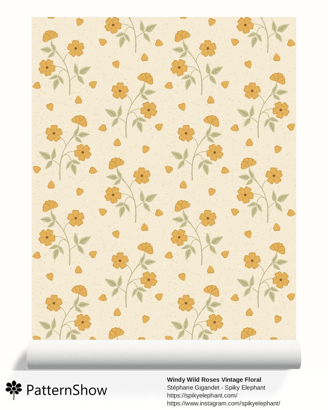 Windy Wild Roses Vintage Floral wallpaper - Butterscotch Yellow on Cream