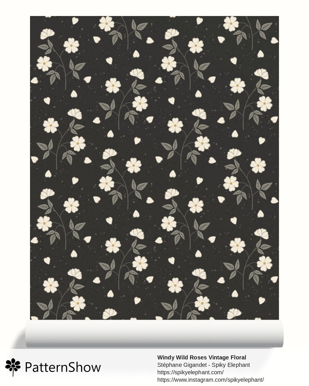 Windy Wild Roses Vintage Floral wallpaper - Cream on Charcoal
