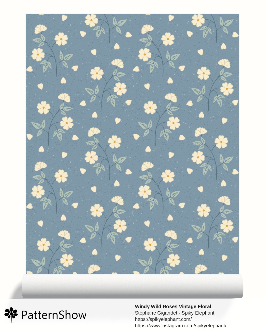Windy Wild Roses Vintage Floral wallpaper - Dusty Blue and Butterscotch