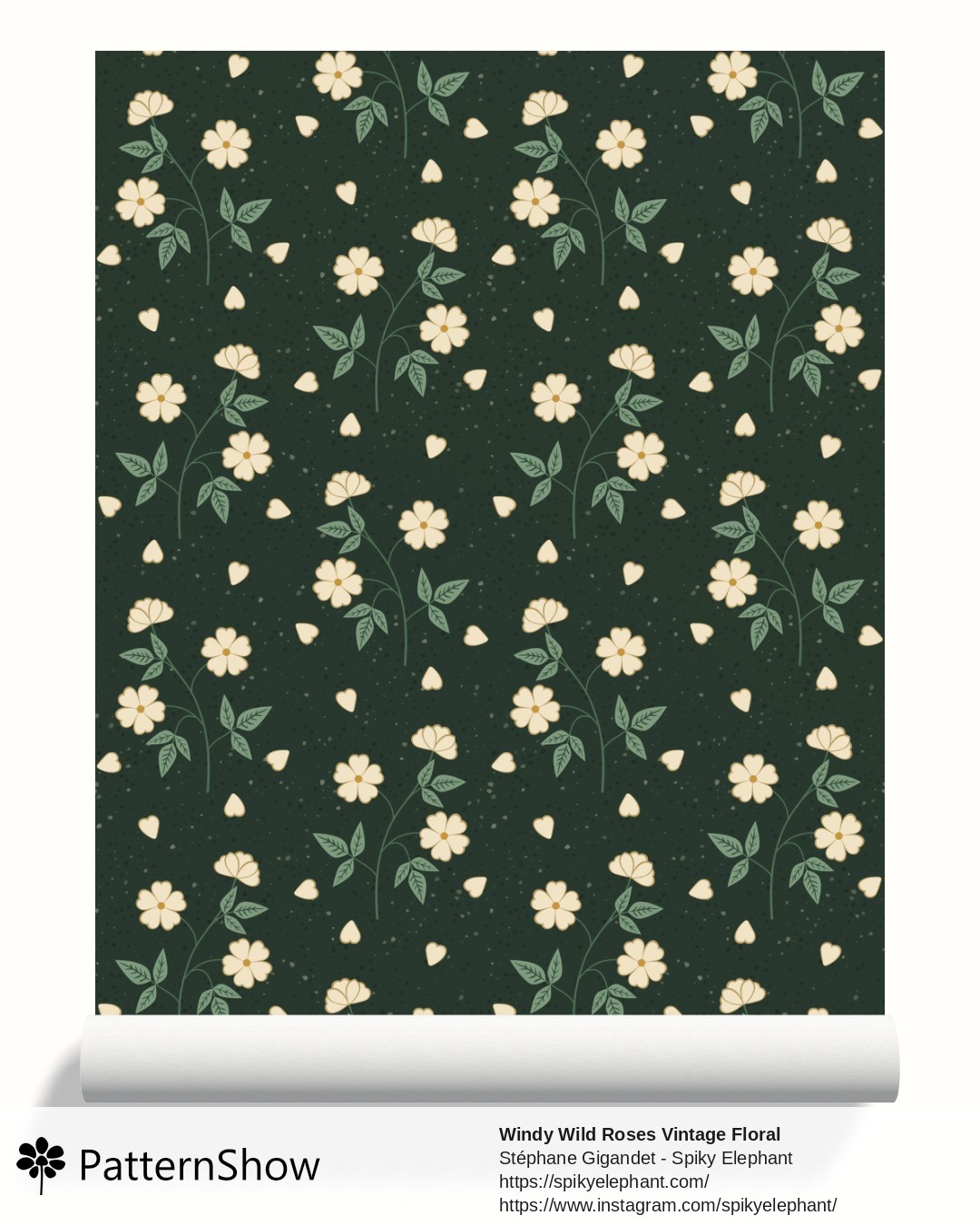 Windy Wild Roses Vintage Floral wallpaper - Moody Emerald and Gold