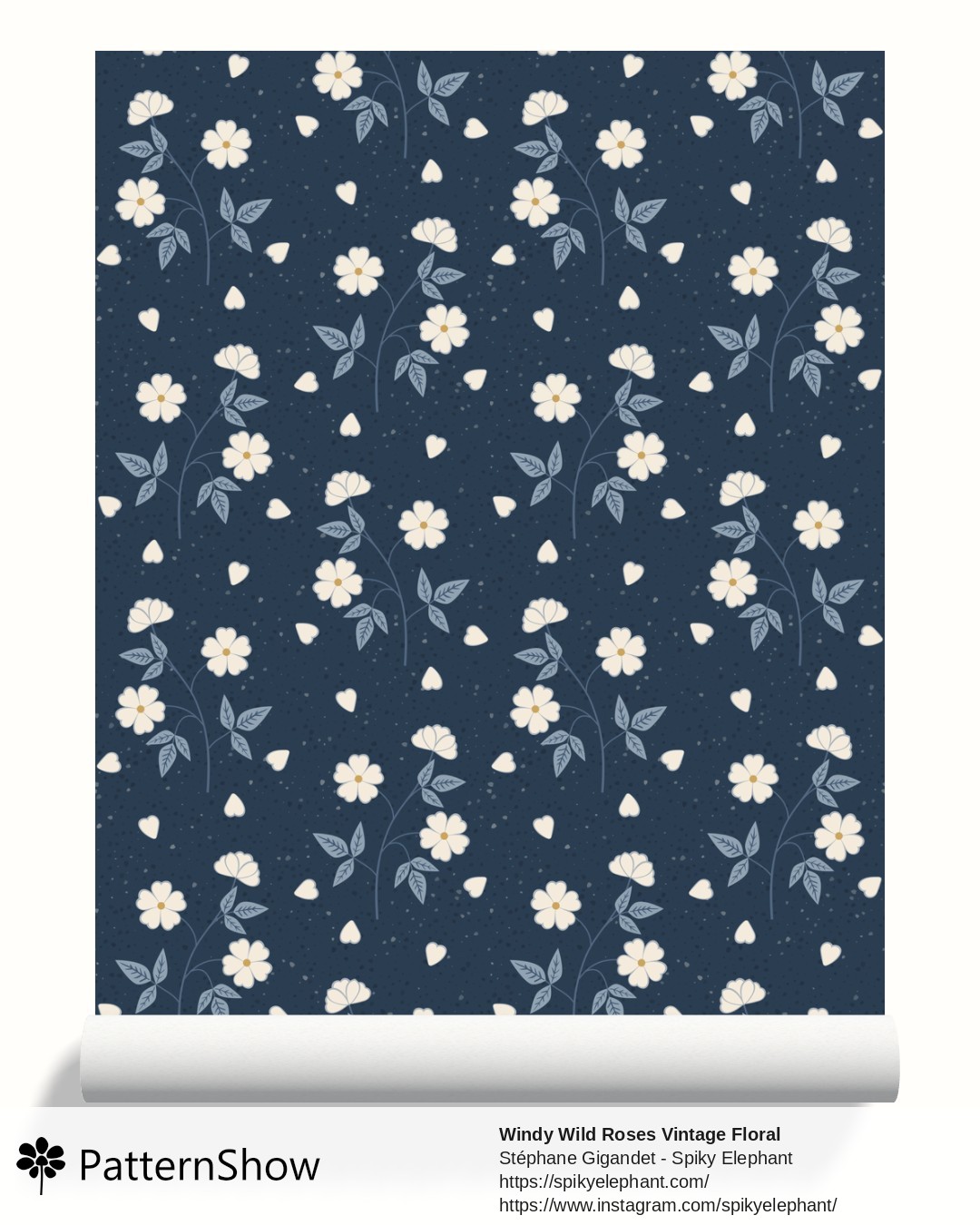 Windy Wild Roses Vintage Floral wallpaper - Navy Grasscloth