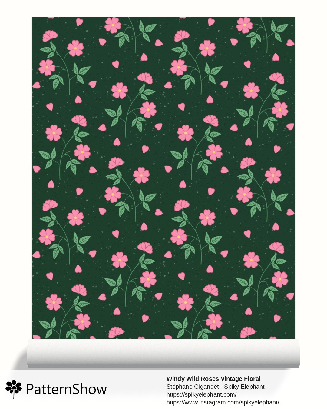 Windy Wild Roses Vintage Floral wallpaper - Pink Roses on Emerald