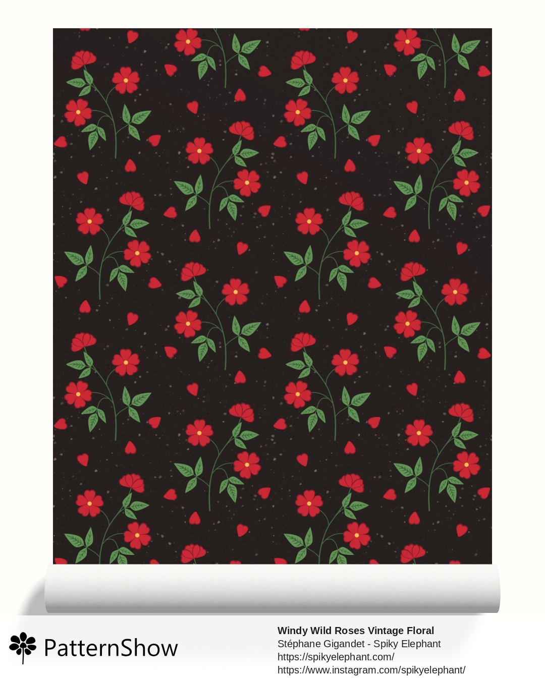 Windy Wild Roses Vintage Floral wallpaper - Red Roses on Black