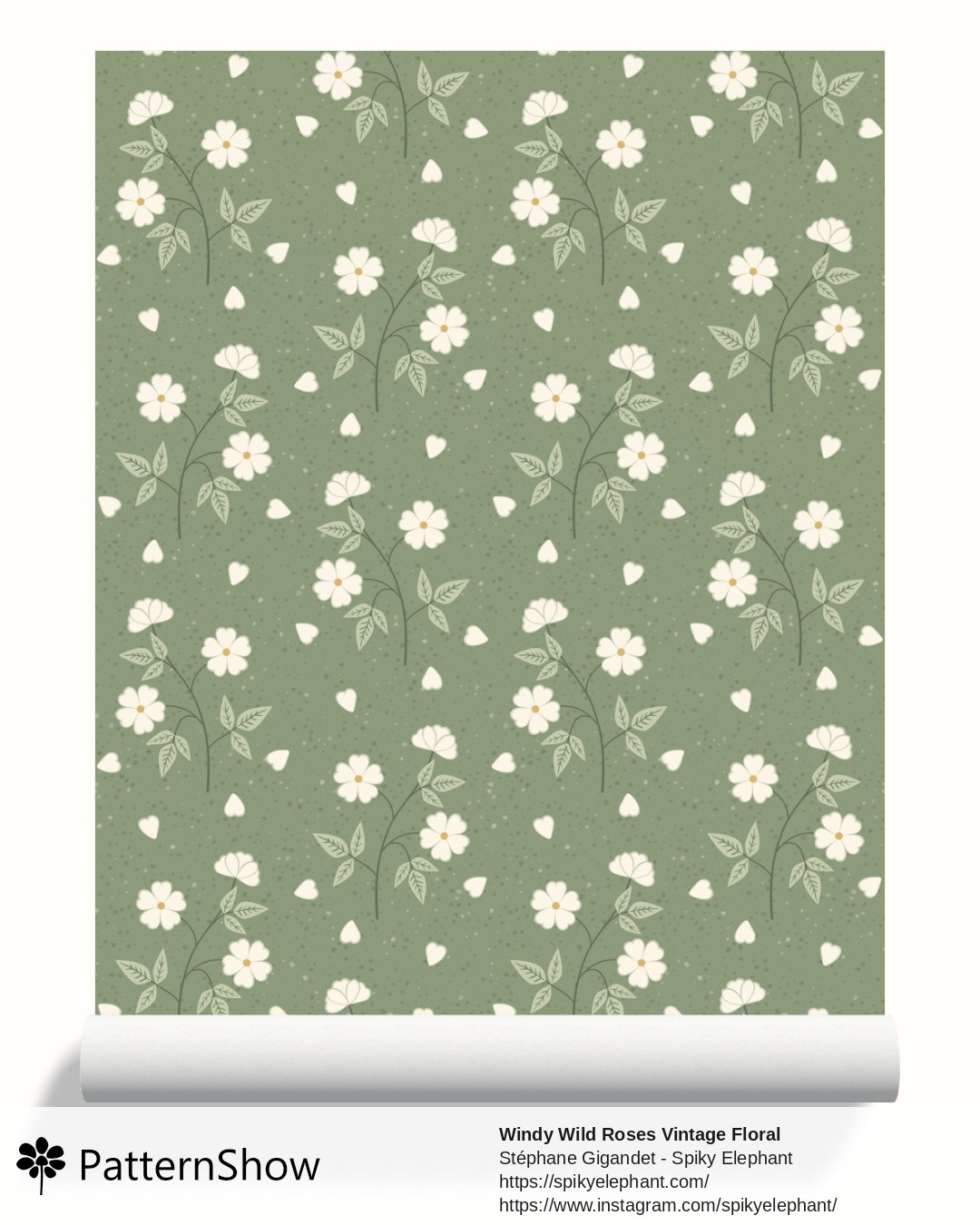 Windy Wild Roses Vintage Floral wallpaper - Sage Green and Cream
