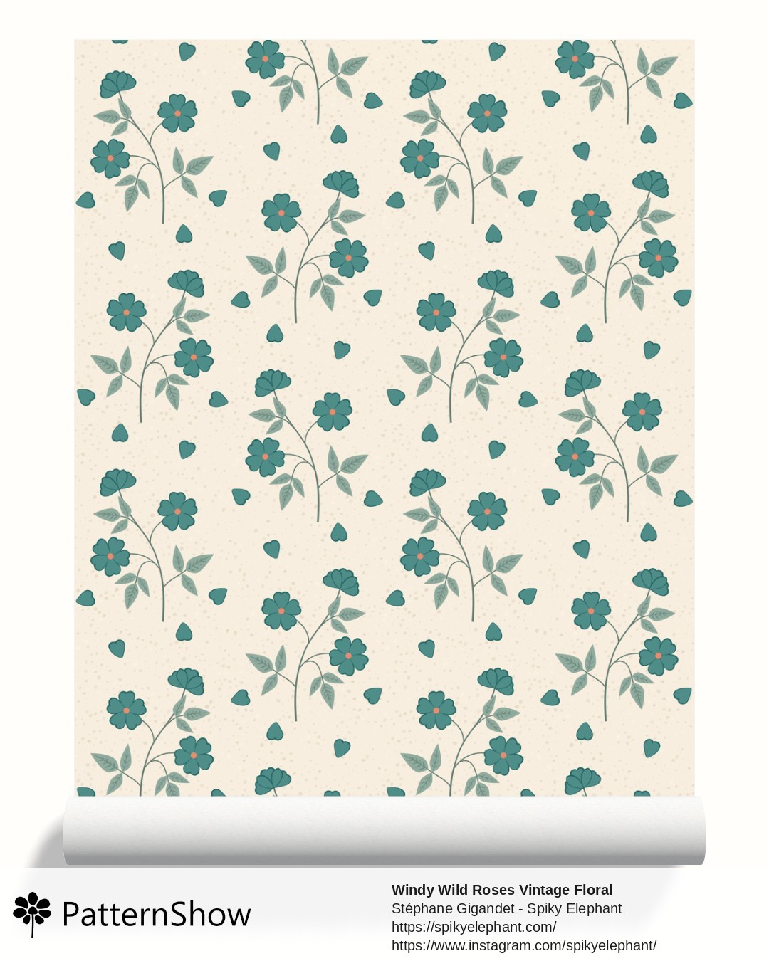 Windy Wild Roses Vintage Floral wallpaper - Teal and Coral on Cream