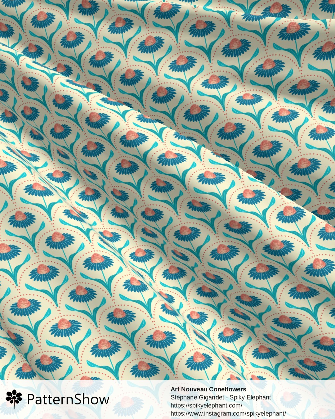 Art Nouveau Coneflowers - Cream - Teal Blue, Red, Cyan