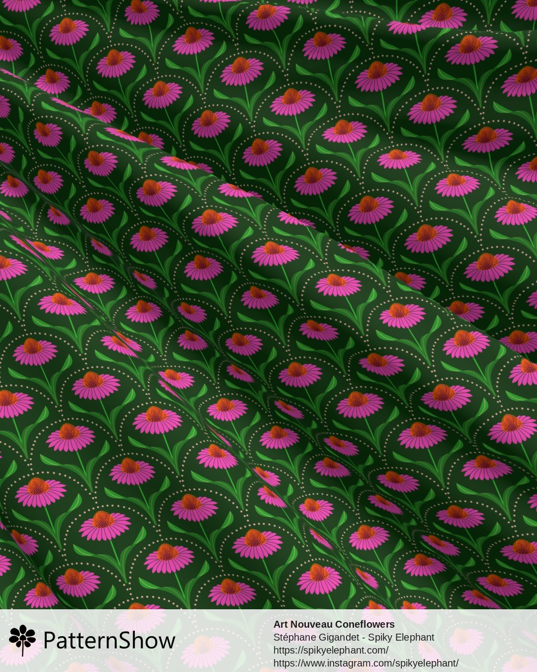 Art Nouveau Coneflowers - Dark Green - Pink, Orange, Green