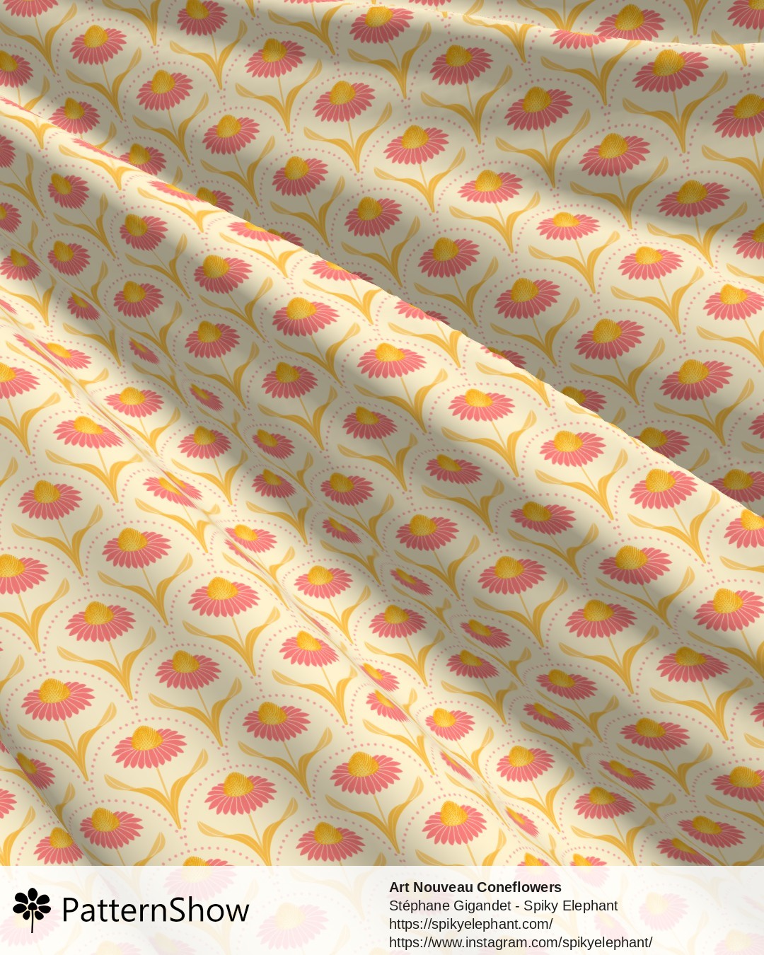 Art Nouveau Coneflowers - Cream - Pink, Yellow, Orange