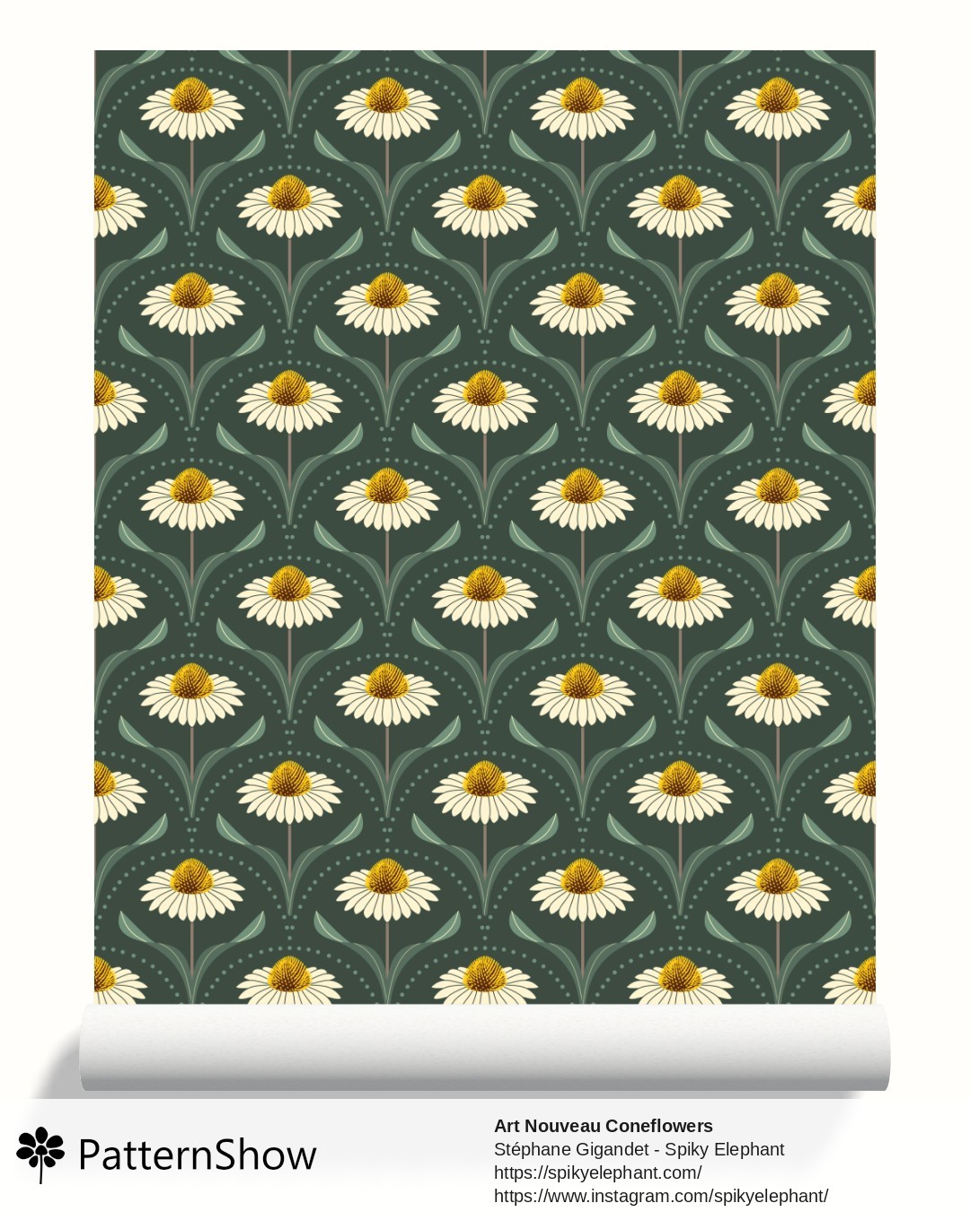 Art Nouveau Coneflowers wallpaper - Dark Sage Green - Cream White, Yellow, Light Sage Green
