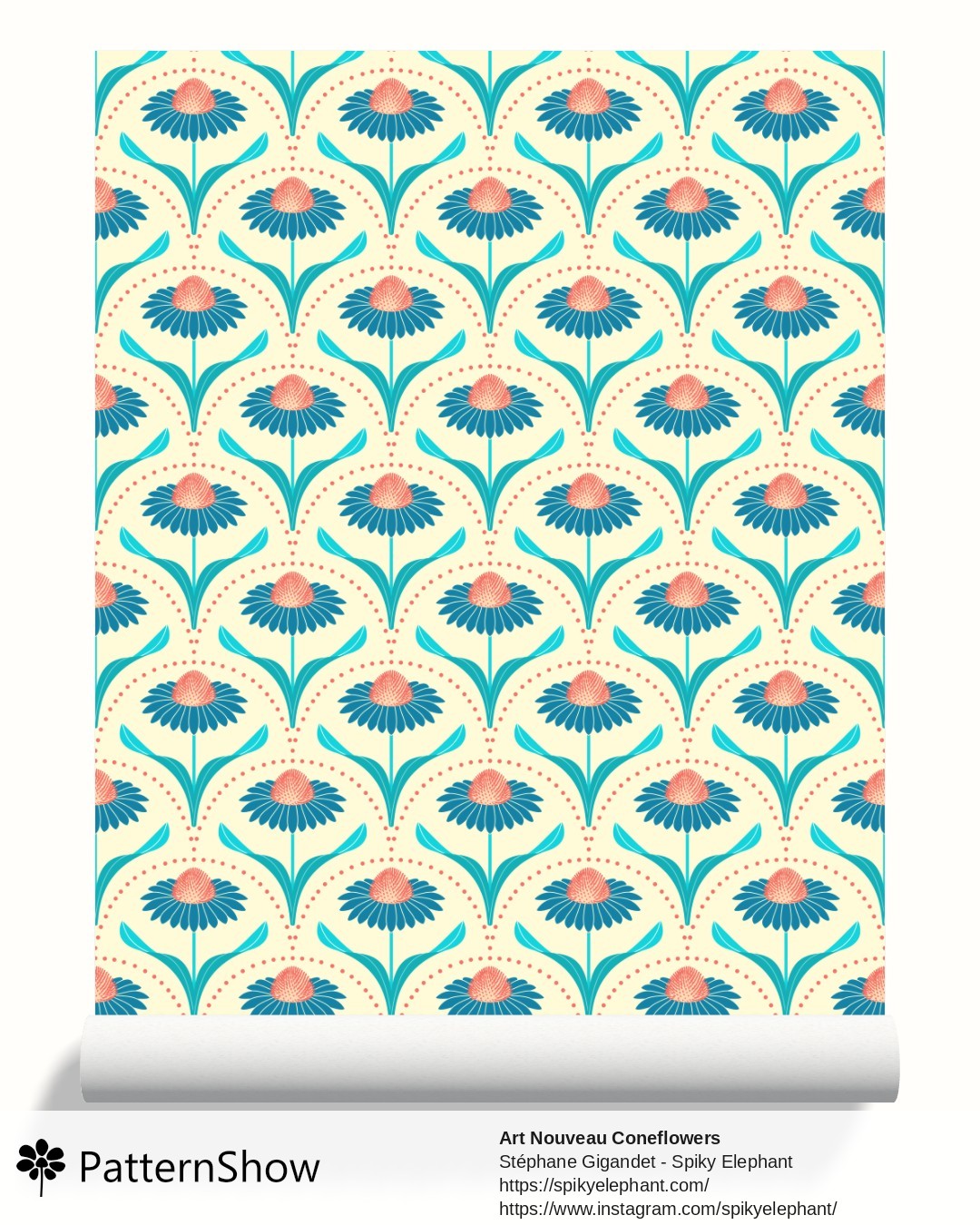 Art Nouveau Coneflowers wallpaper - Cream - Teal Blue, Red, Cyan