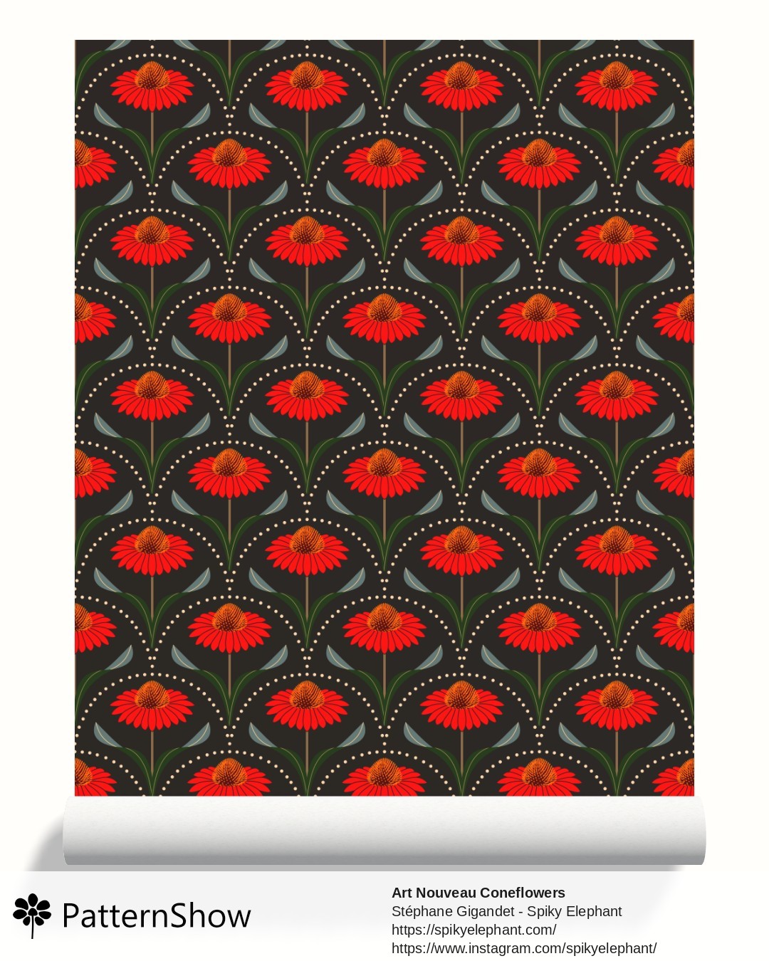 Art Nouveau Coneflowers wallpaper - Dark Green - Red, Orange, Sage Green