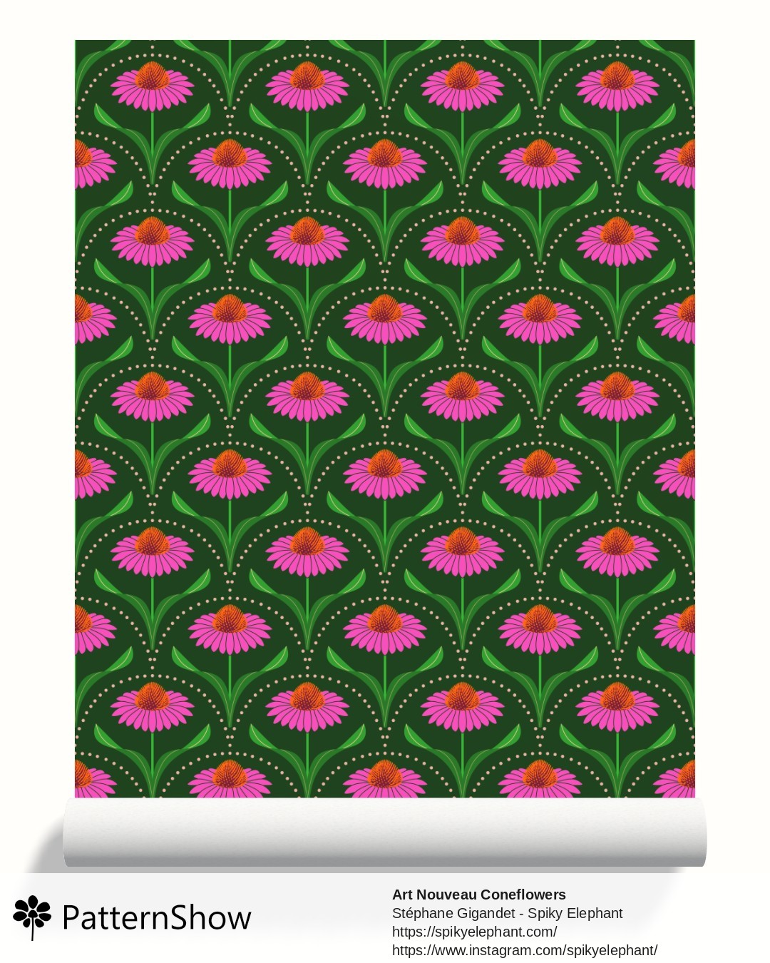 Art Nouveau Coneflowers wallpaper - Dark Green - Pink, Orange, Green