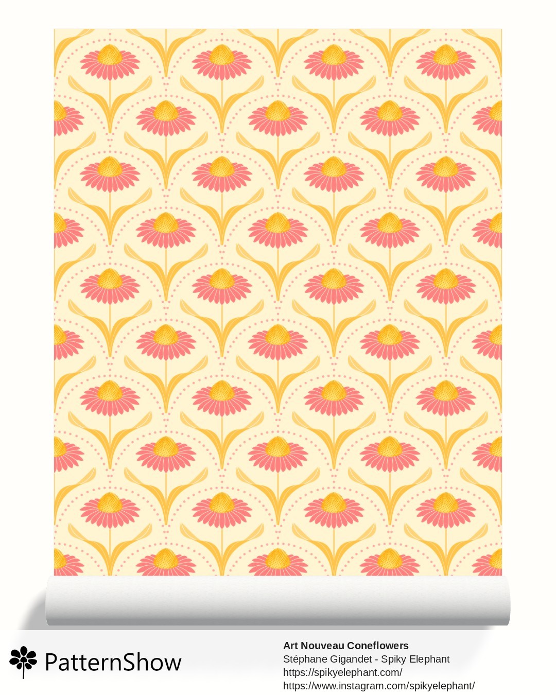 Art Nouveau Coneflowers wallpaper - Cream - Pink, Yellow, Orange