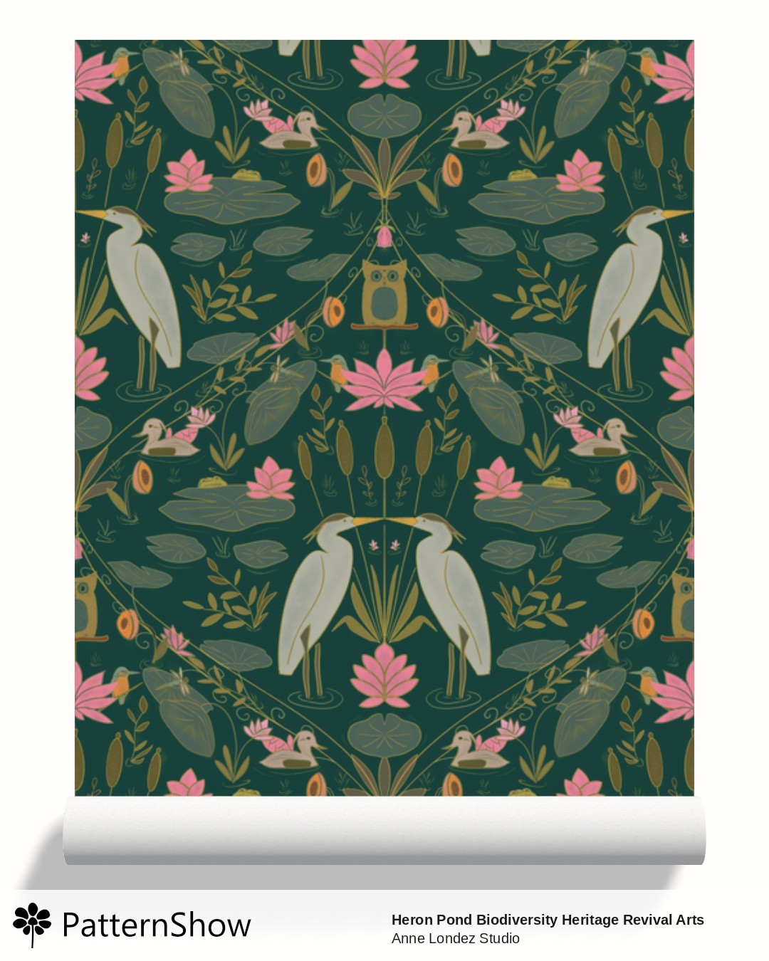 Heron Pond Biodiversity Heritage Revival Arts and Crafts wallpaper - heron-pattern-block-6000-forest-green