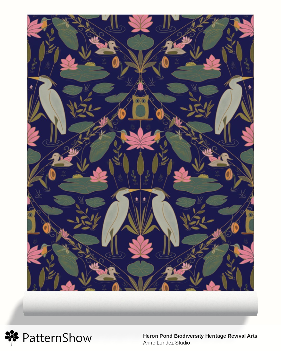 Heron Pond Biodiversity Heritage Revival Arts and Crafts wallpaper - heron-pattern-block-3000-navy