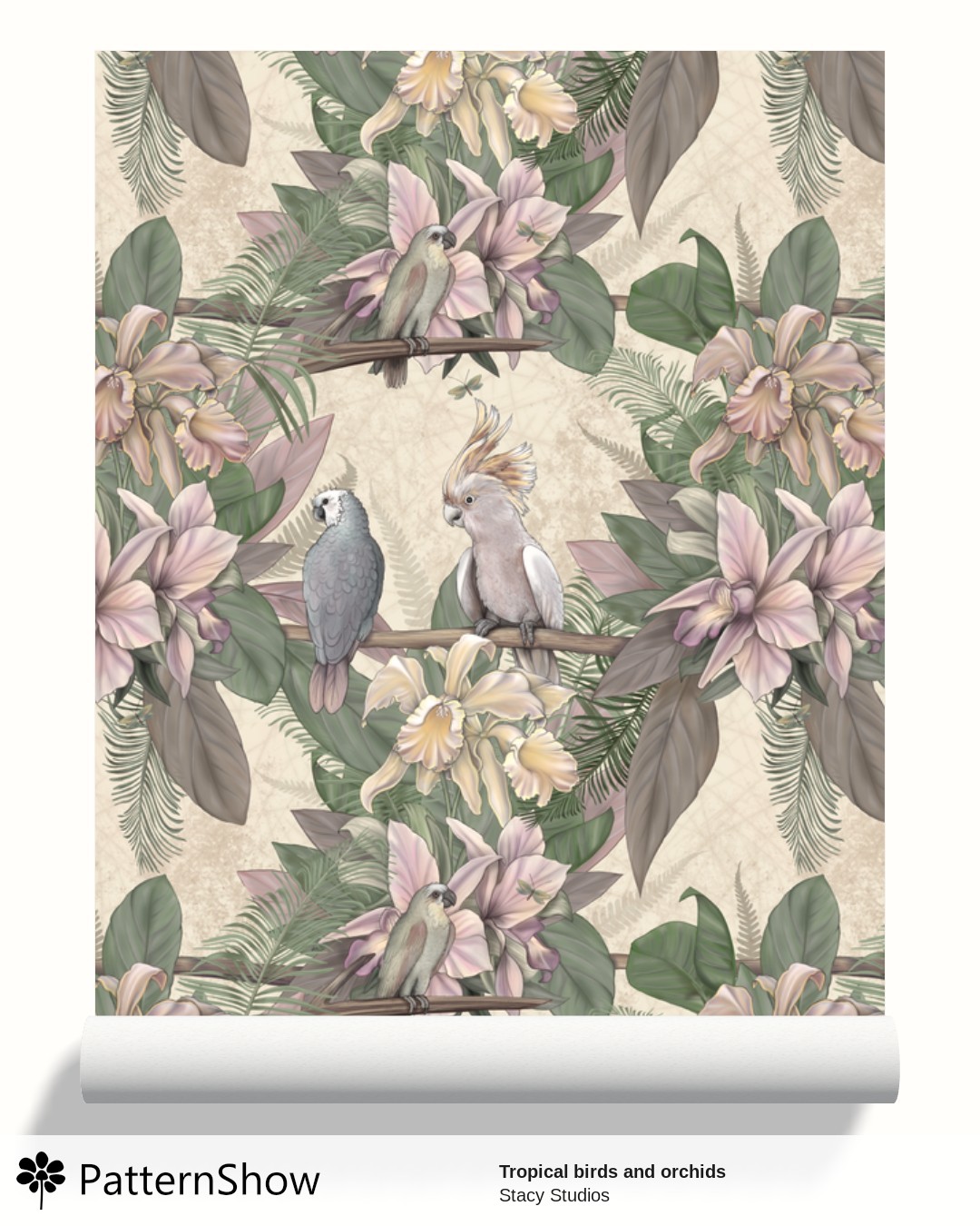 Tropical birds and orchids wallpaper - Beige
