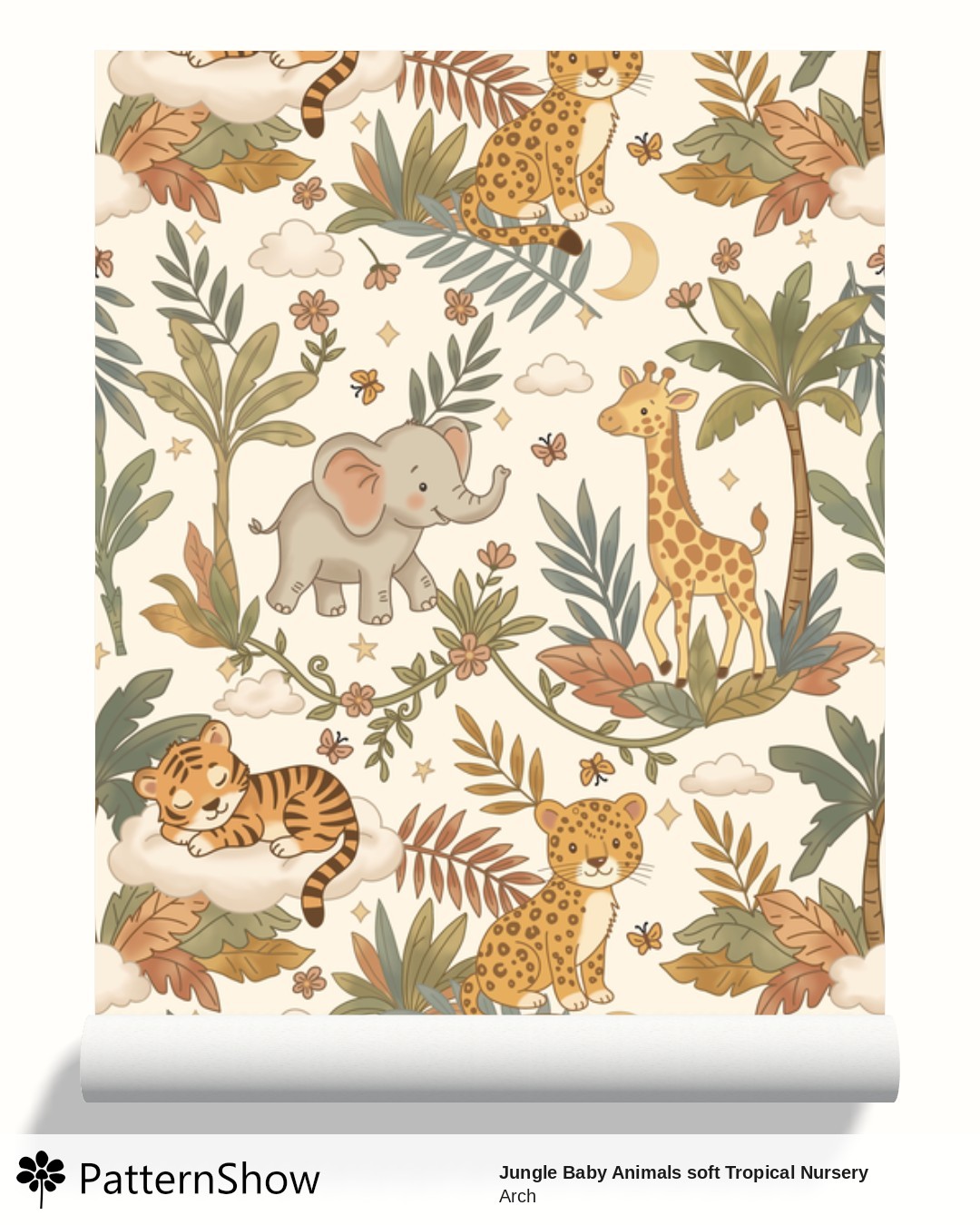 Jungle Baby Animals soft Tropical Nursery Print  wallpaper - Beige nursery