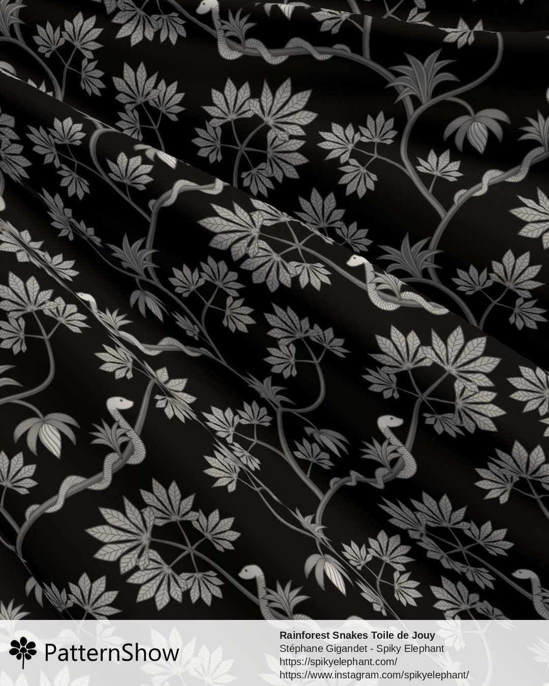 Rainforest Snakes Toile de Jouy - White Grey Black Mettalic Silver
