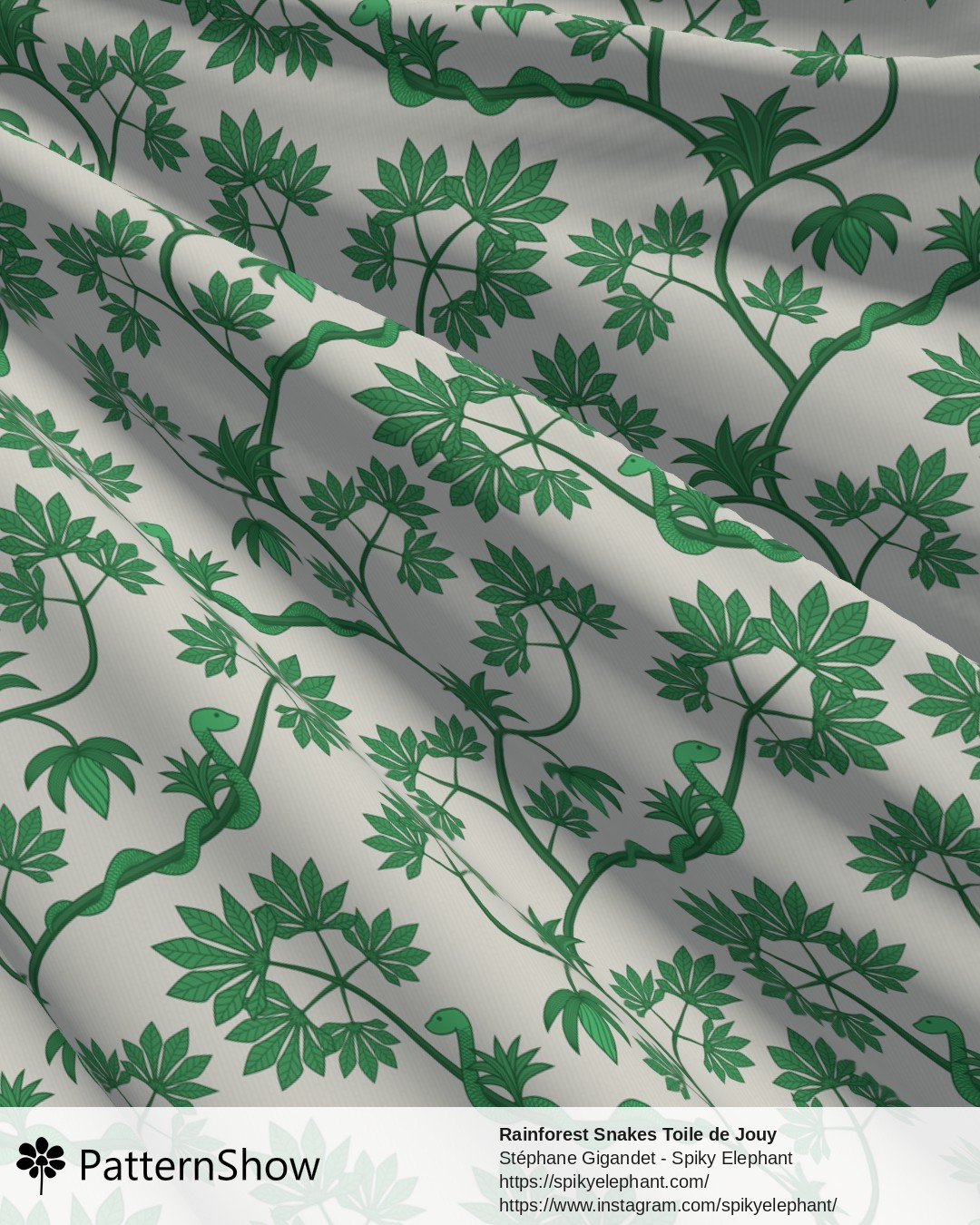 Rainforest Snakes Toile de Jouy - Tropical Jungle Green White