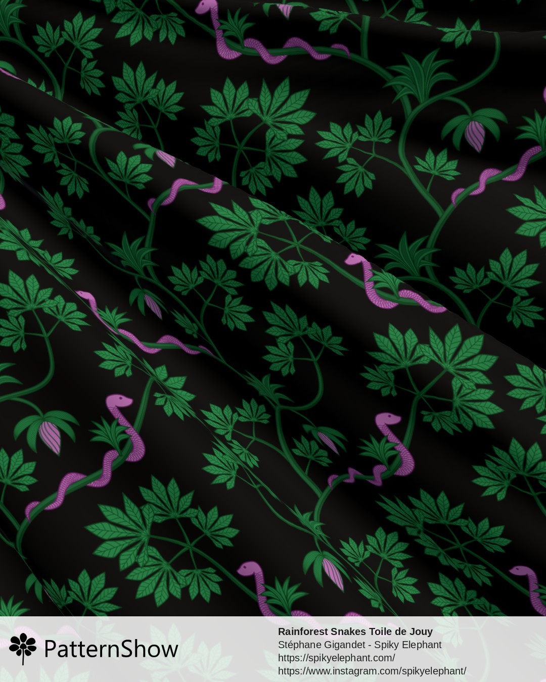 Rainforest Snakes Toile de Jouy - Purple Pink Jungle Green Moody Black