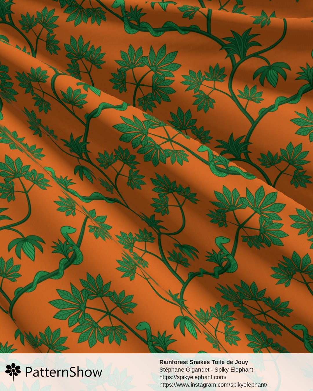 Rainforest Snakes Toile de Jouy - Jungle Green Warm Orange