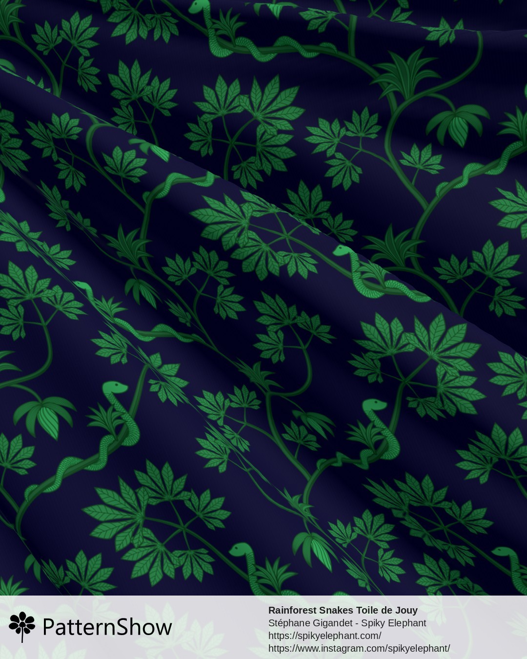 Rainforest Snakes Toile de Jouy - Exotic Jungle Green Dark Navy China Blue