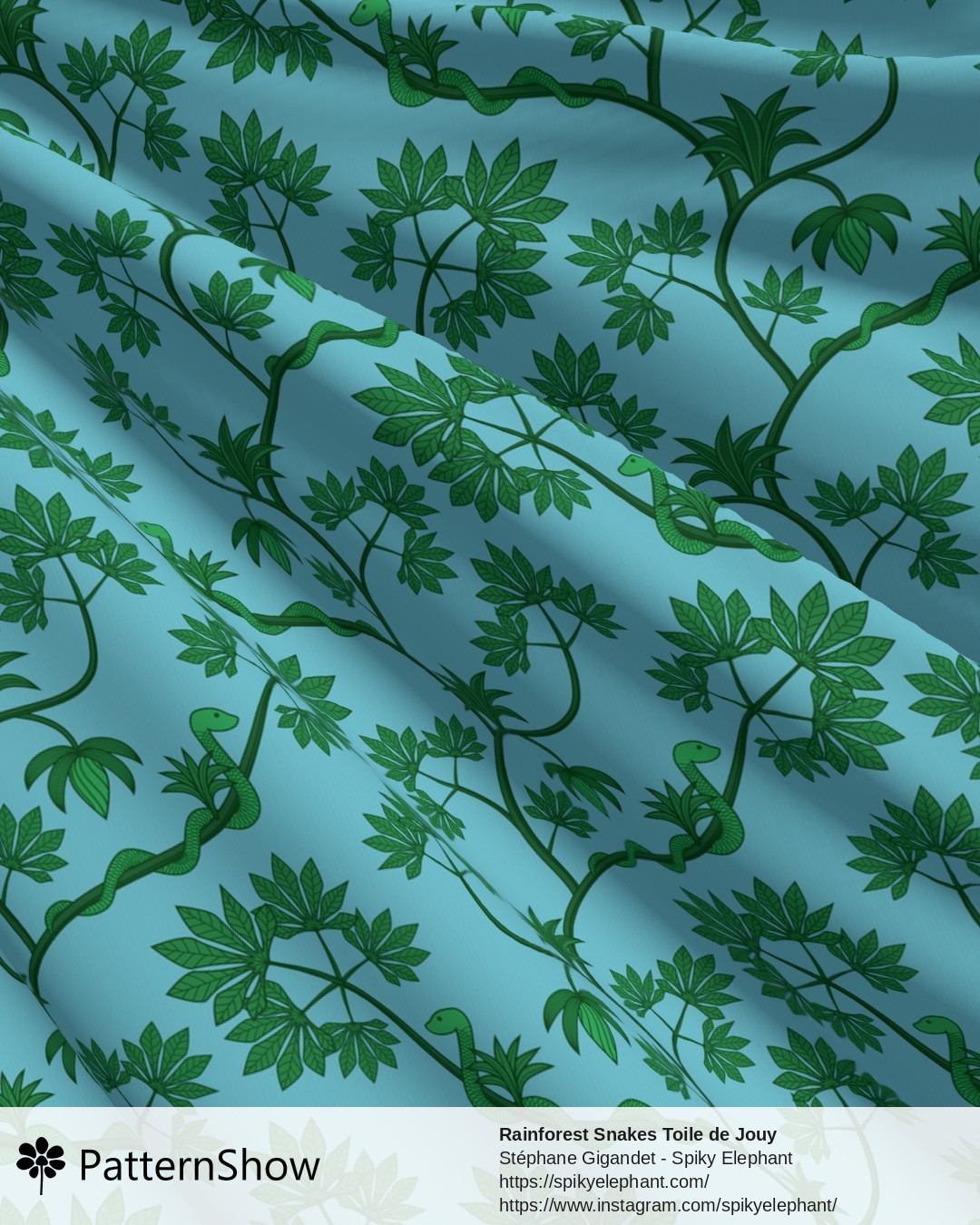 Rainforest Snakes Toile de Jouy - Forest Green Light Blue Sky