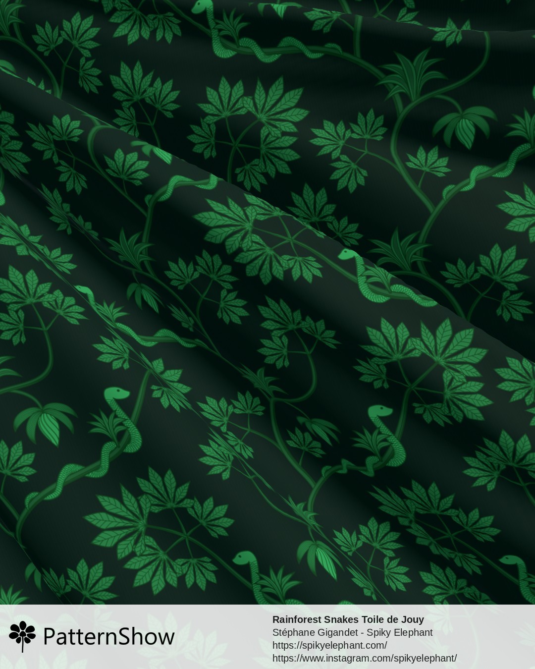 Rainforest Snakes Toile de Jouy - Amazon Jungle Green Dark Moody