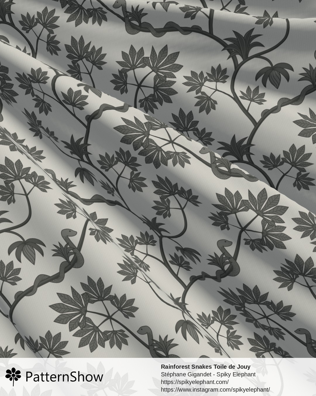 Rainforest Snakes Toile de Jouy - Silver Grey Black White