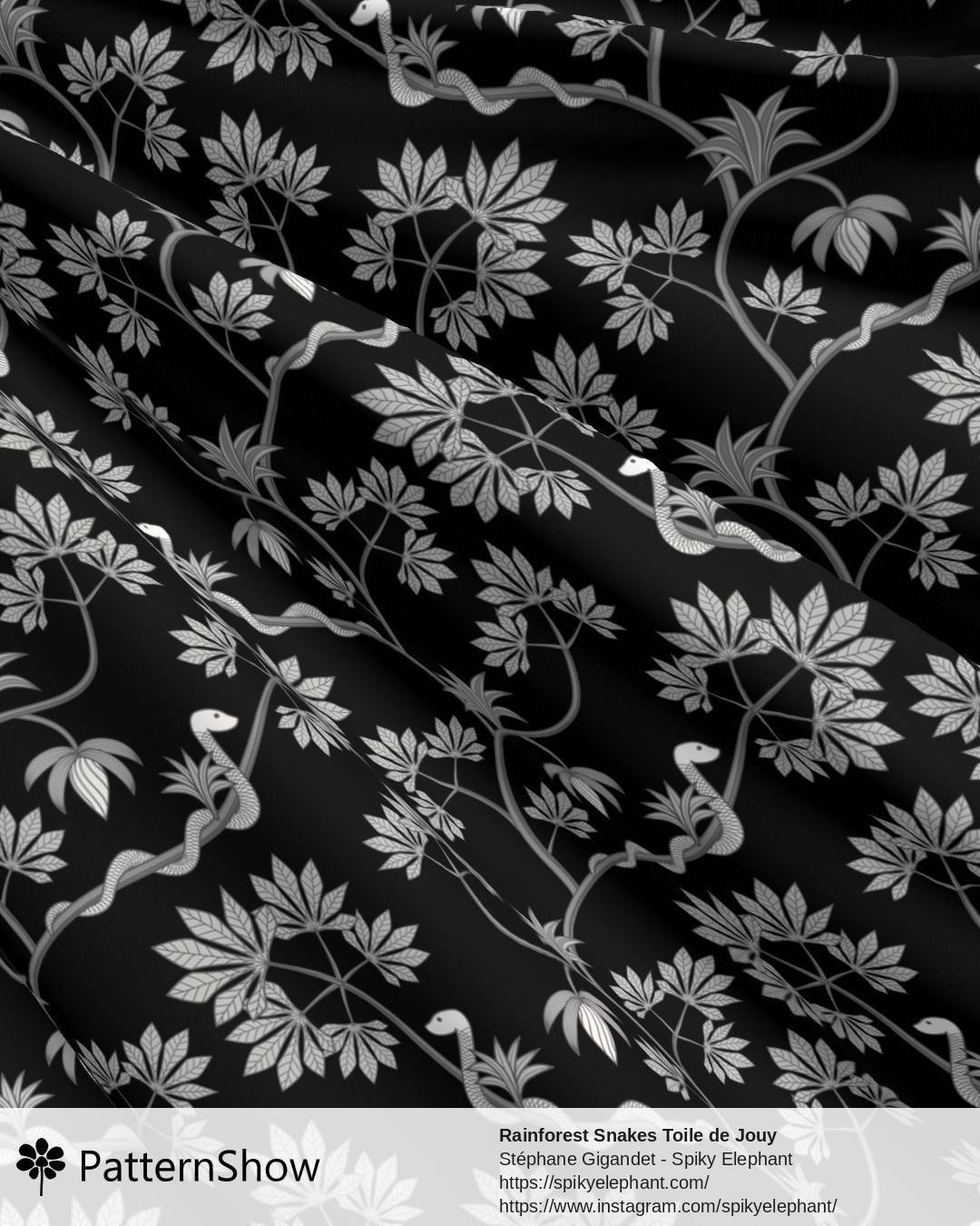 Rainforest Snakes Toile de Jouy - White Grey Black Mettalic Silver