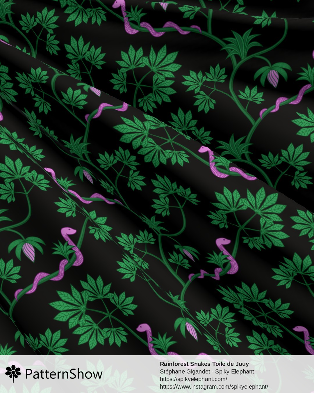Rainforest Snakes Toile de Jouy - Purple Pink Jungle Green Moody Black