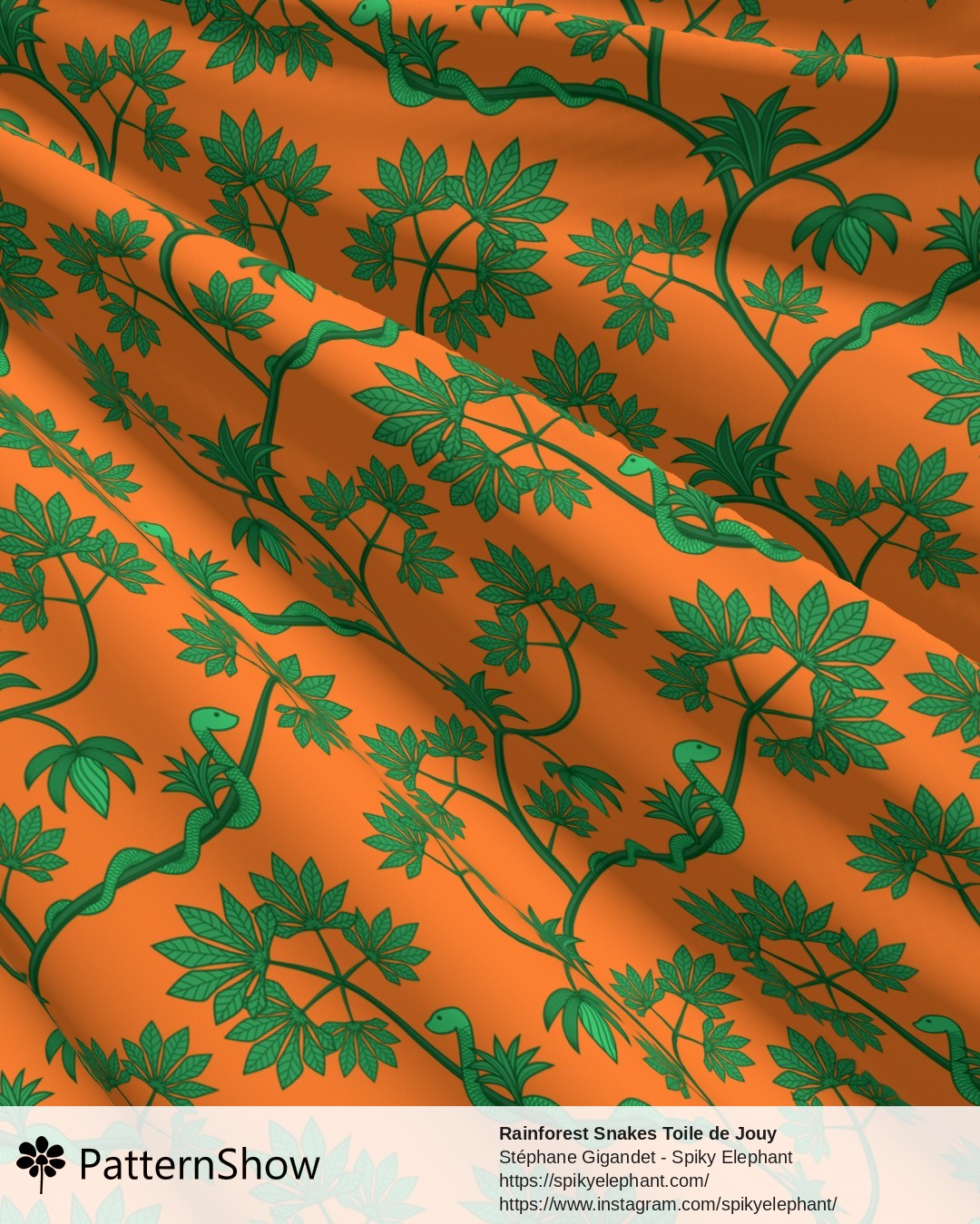 Rainforest Snakes Toile de Jouy - Jungle Green Warm Orange