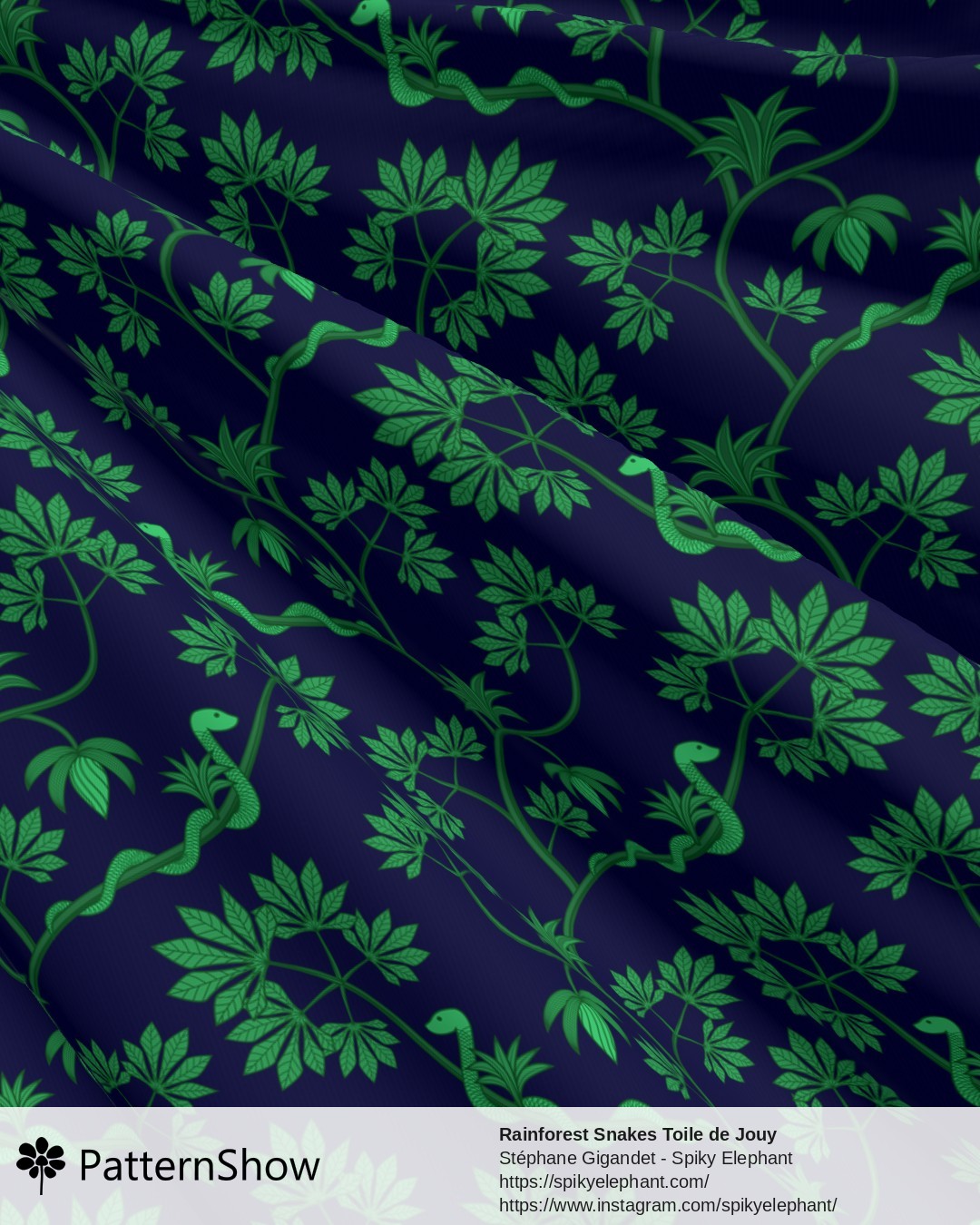 Rainforest Snakes Toile de Jouy - Exotic Jungle Green Dark Navy China Blue