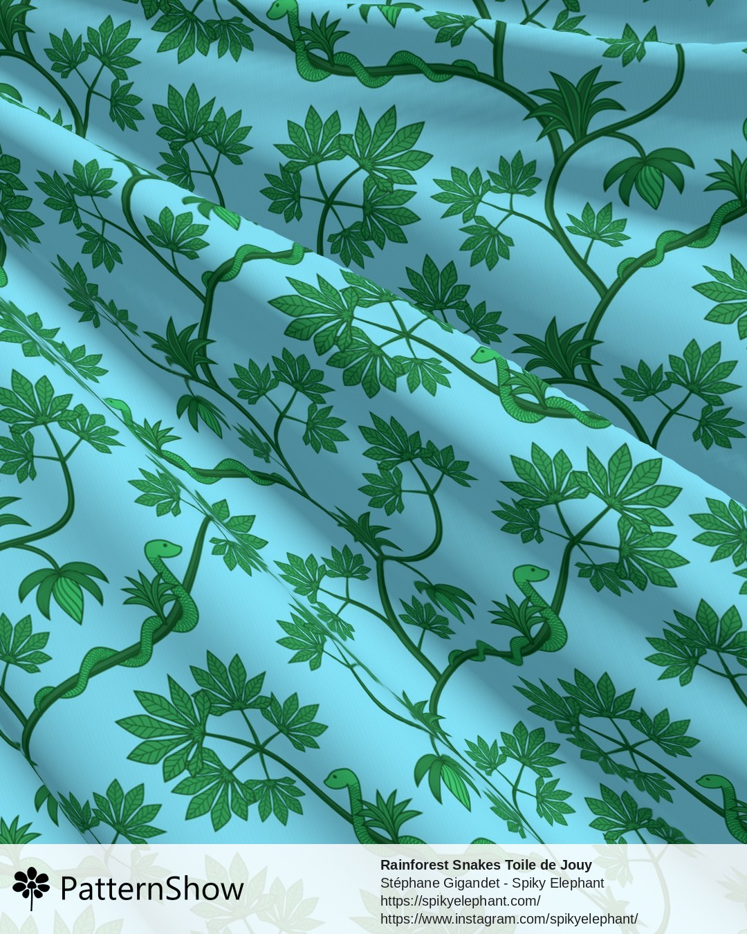Rainforest Snakes Toile de Jouy - Forest Green Light Blue Sky