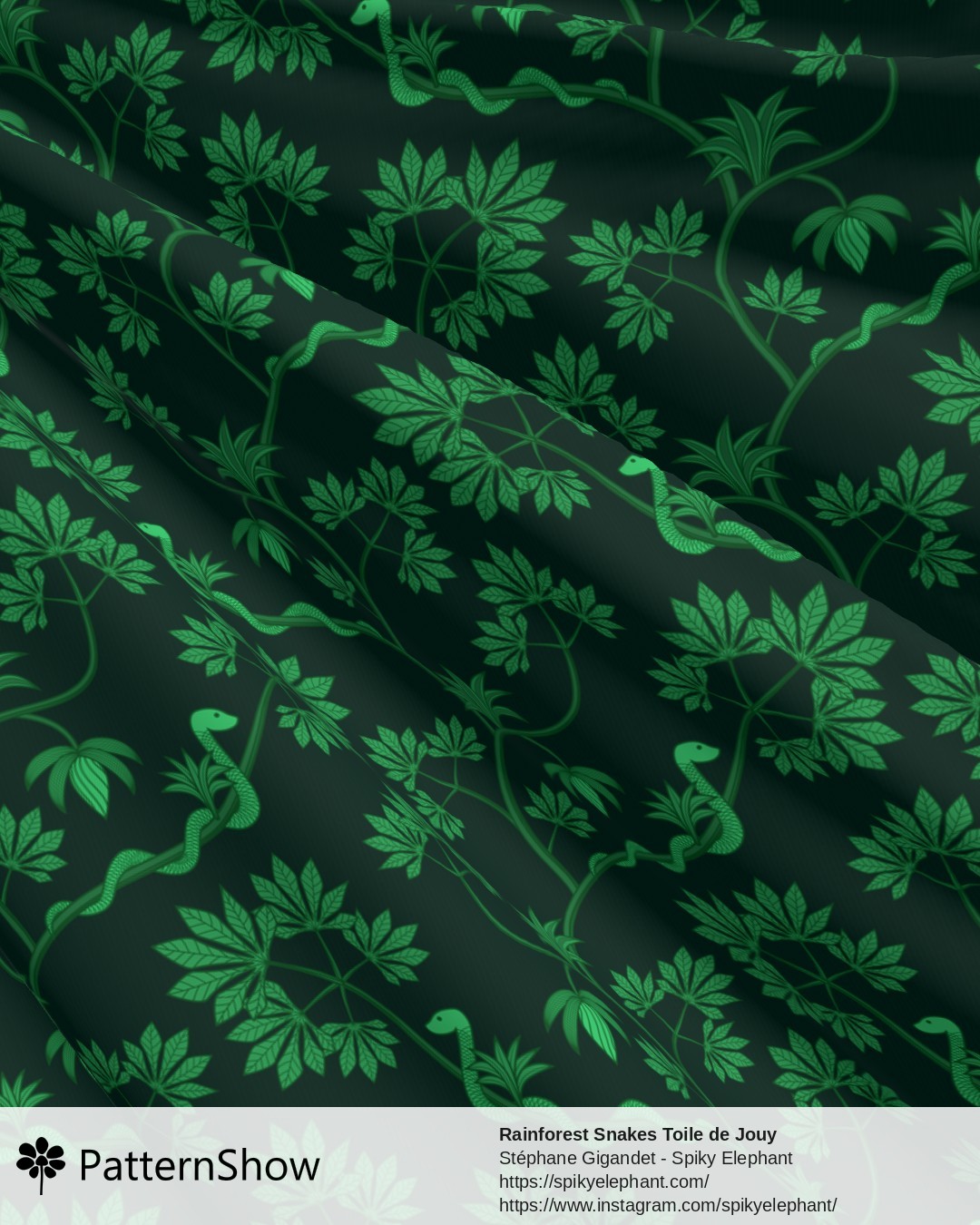 Rainforest Snakes Toile de Jouy - Amazon Jungle Green Dark Moody