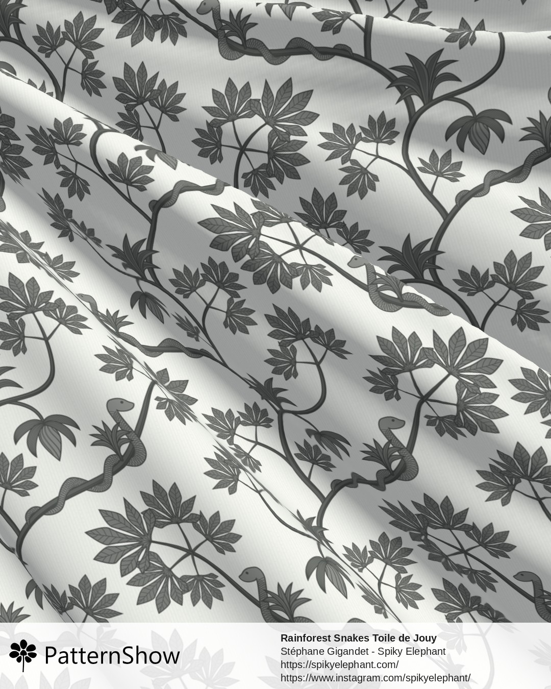 Rainforest Snakes Toile de Jouy - Silver Grey Black White