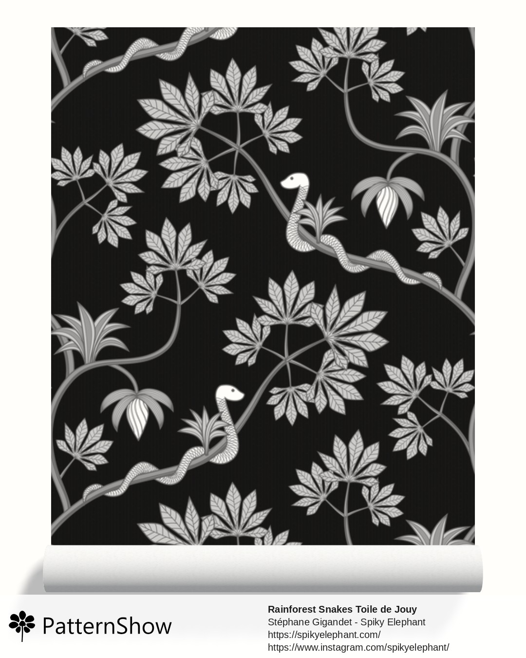 Rainforest Snakes Toile de Jouy wallpaper - White Grey Black Mettalic Silver