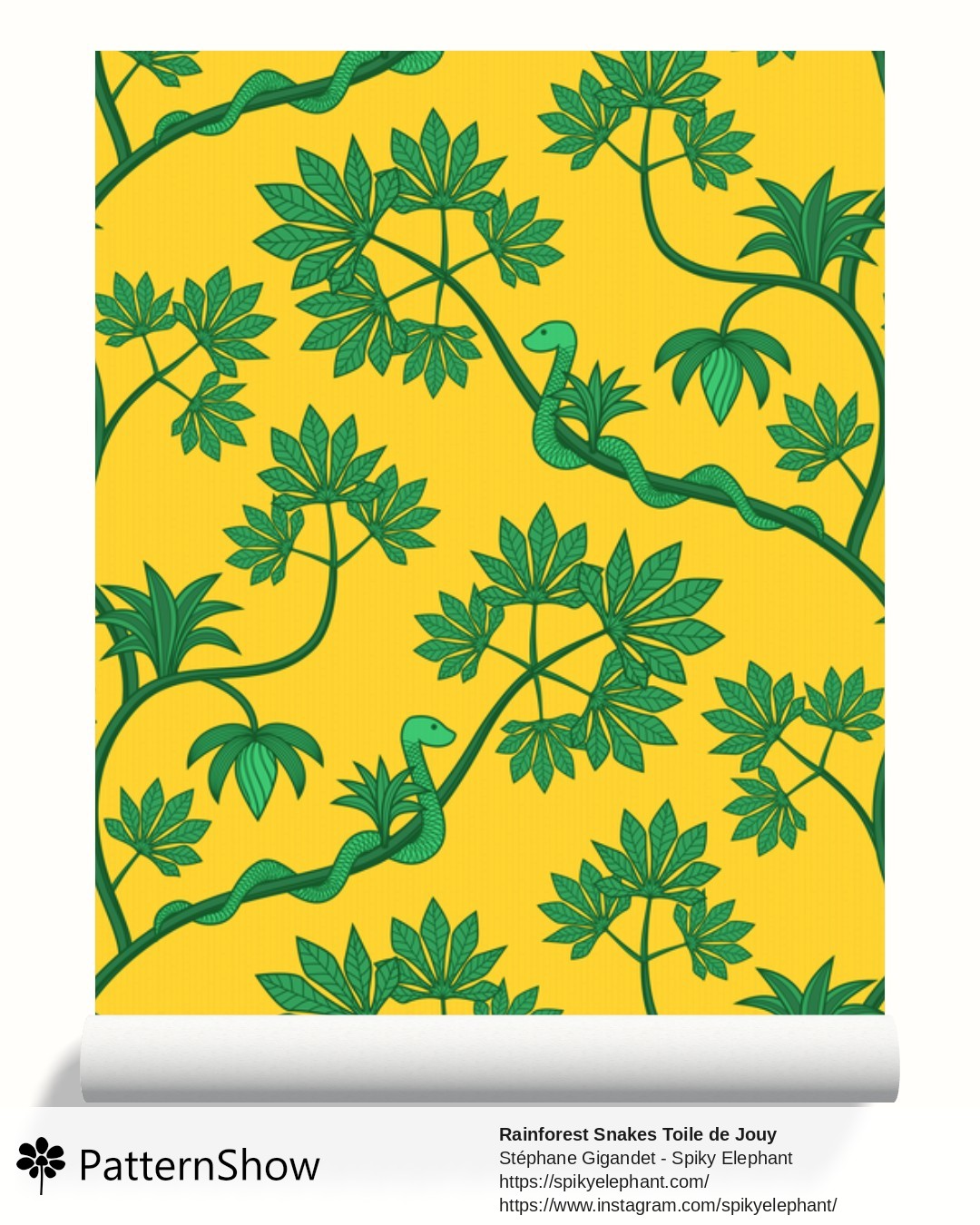 Rainforest Snakes Toile de Jouy wallpaper - Jade Green Yellow Gold