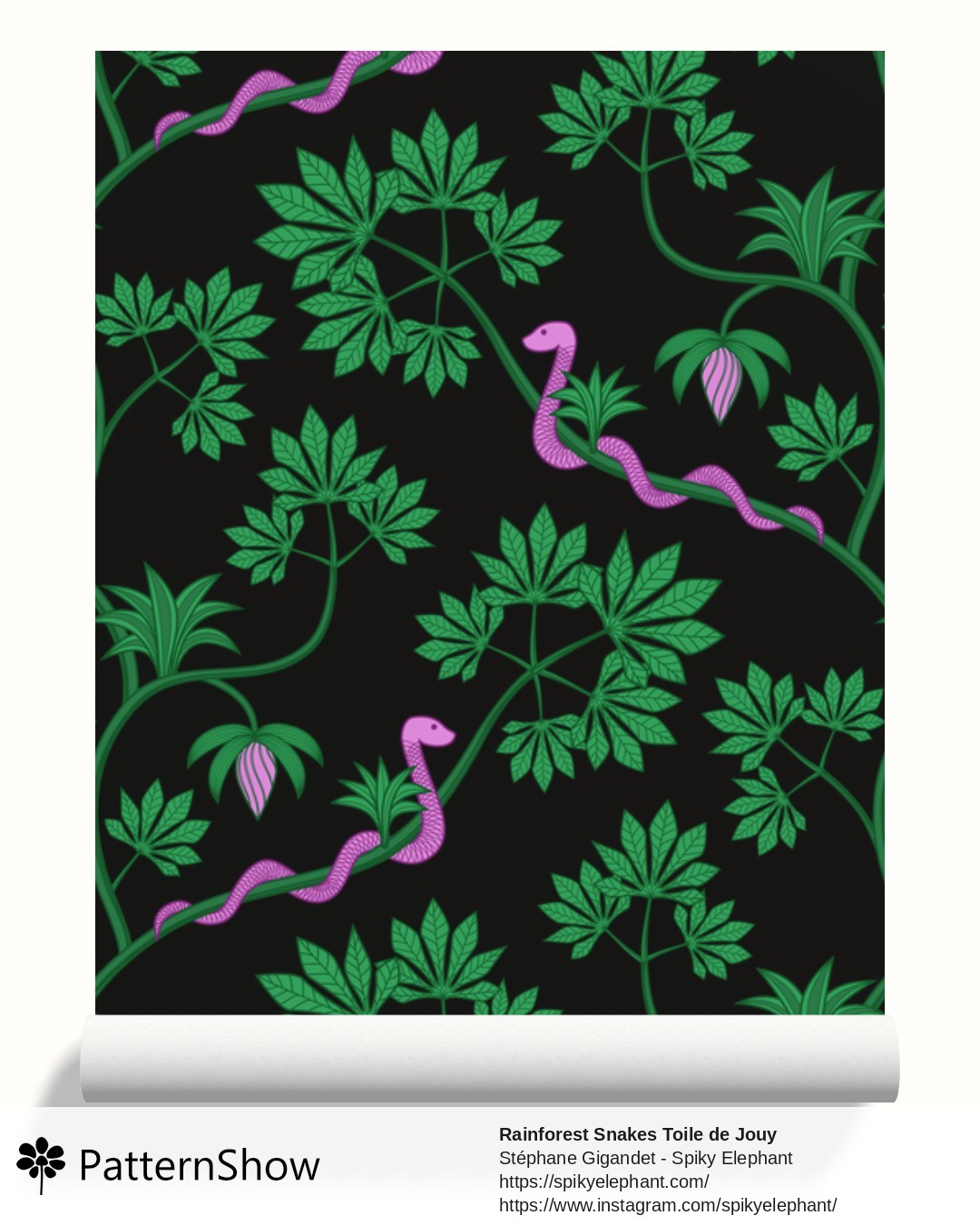 Rainforest Snakes Toile de Jouy wallpaper - Purple Pink Jungle Green Moody Black