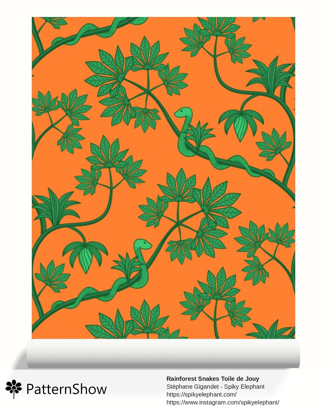 Rainforest Snakes Toile de Jouy wallpaper - Jungle Green Warm Orange