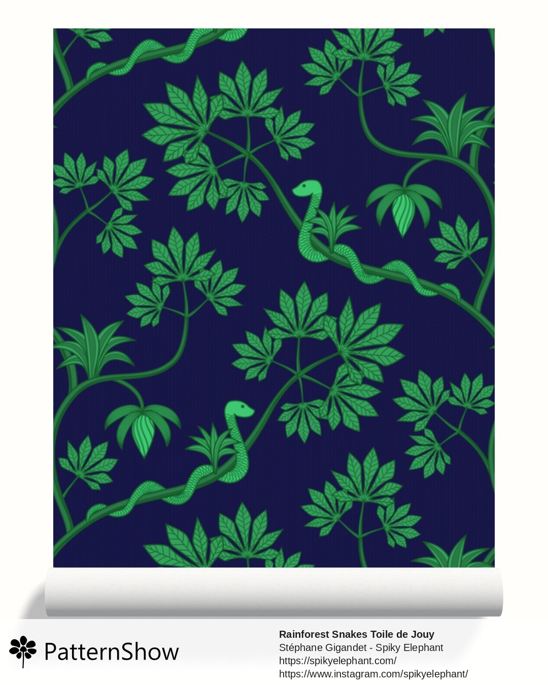 Rainforest Snakes Toile de Jouy wallpaper - Exotic Jungle Green Dark Navy China Blue