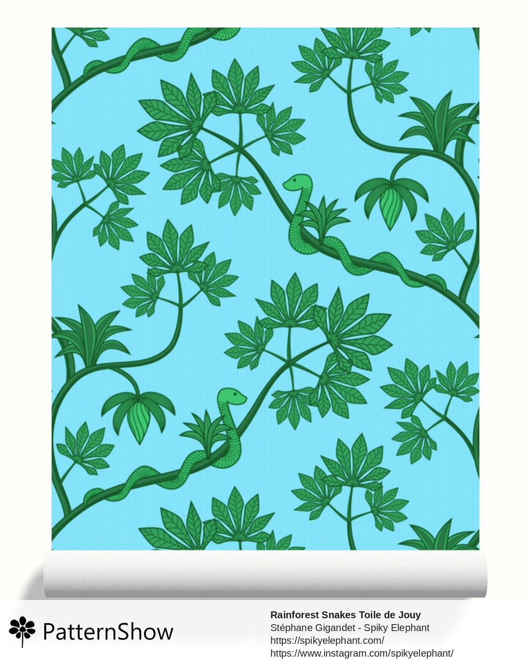 Rainforest Snakes Toile de Jouy wallpaper - Forest Green Light Blue Sky